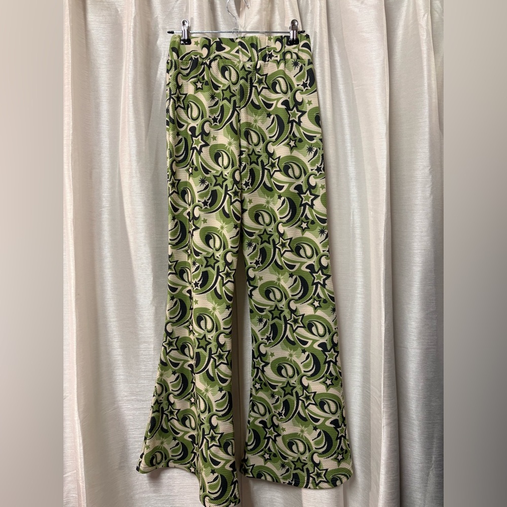 Dolls Kill BADEE Milky Way Groovy Swirl Flare Pants Cropped M Green Black Y2K - Picture 10 of 10